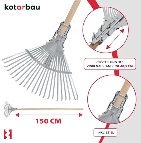 KOTARBAU® Bladhark, met Houten Steel, Staal, Zilver, Bladbezem, Verstelbare Bladhark, 28 cm-40,5 cm, Gazonhark, voor Bladeren Gras, Tuinwerk, Ergonomisch Robuust van Merkloos	 — afbeelding 4