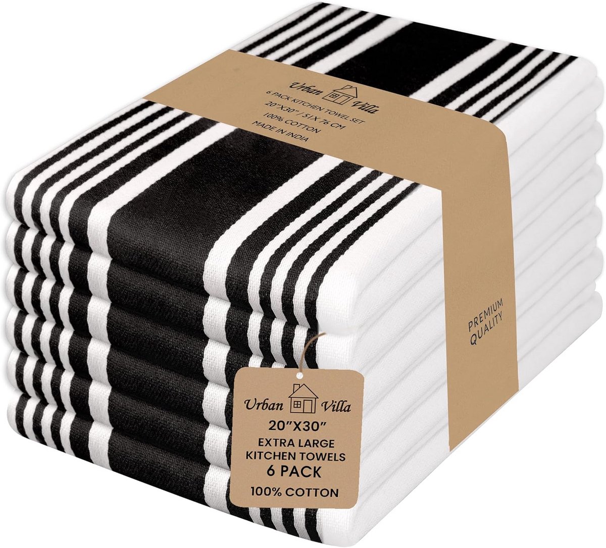 Set van 6 Keukenhanddoeken Katoen Zwart Wit Gestreept Zeer Absorberend
