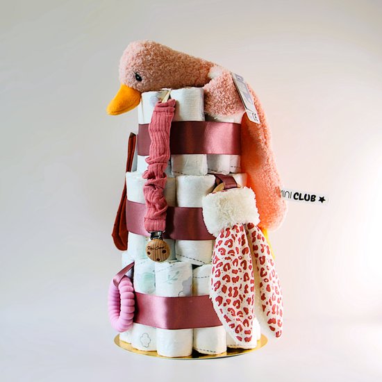 Luiertaart - Roze - fluffy oren - eend knuffeldoek - meisje - baby - geboorte - kraamcadeau - babyshower - girl - Pampers van Merkloos — afbeelding 3
