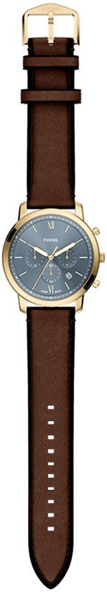 Gouden Fossil horloge met blauwe wijzerplaat en bruine leren band, van bovenaf gezien.