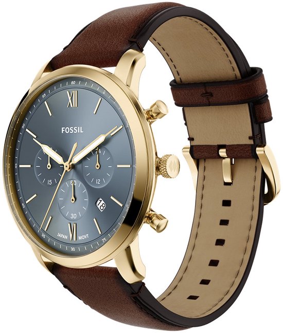 Gouden Fossil horloge met blauwe wijzerplaat, bruine leren band en datumvenster.