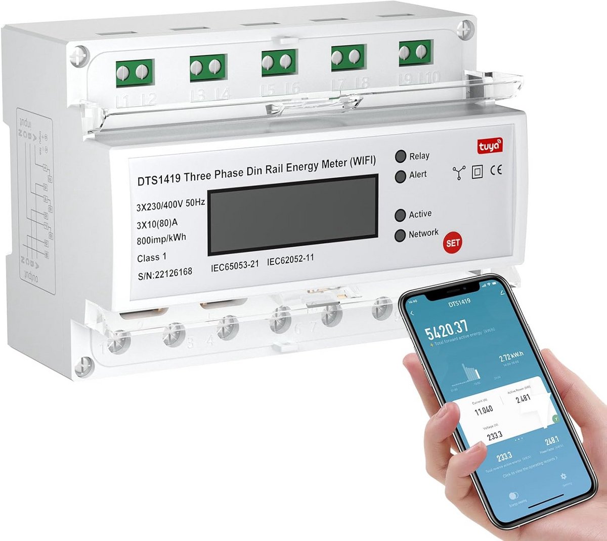 Slimme 3-Fasen Energiemeter met WiFi, LCD-Display en App Bediening - 80A