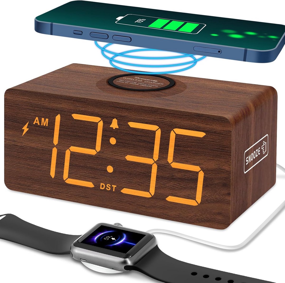 Digitale Houten Wekker met Draadloos Opladen (18W) en Groot Display
