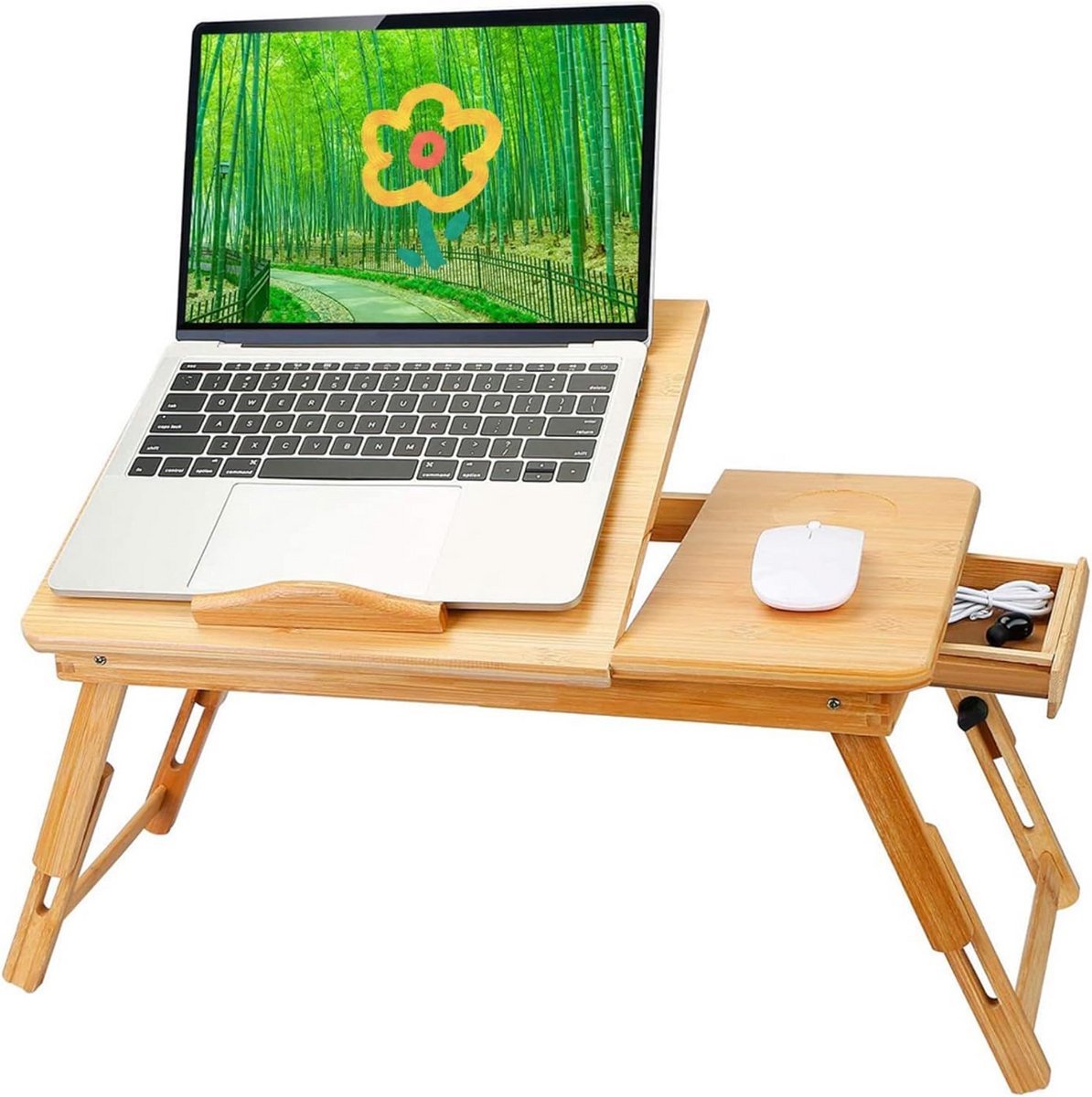 Verstelbare Bamboe Laptophouder voor Bed en Sofa - Inklapbare Bureau met Lade