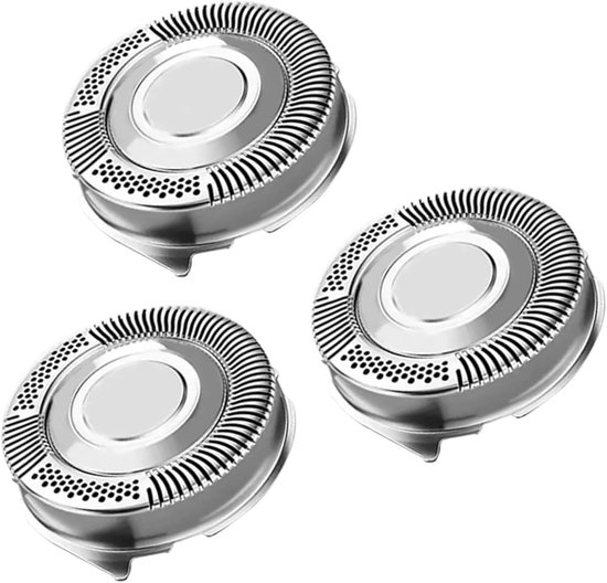 Drie zilverkleurige scheerhoofden met een metalen rand en perforaties.
