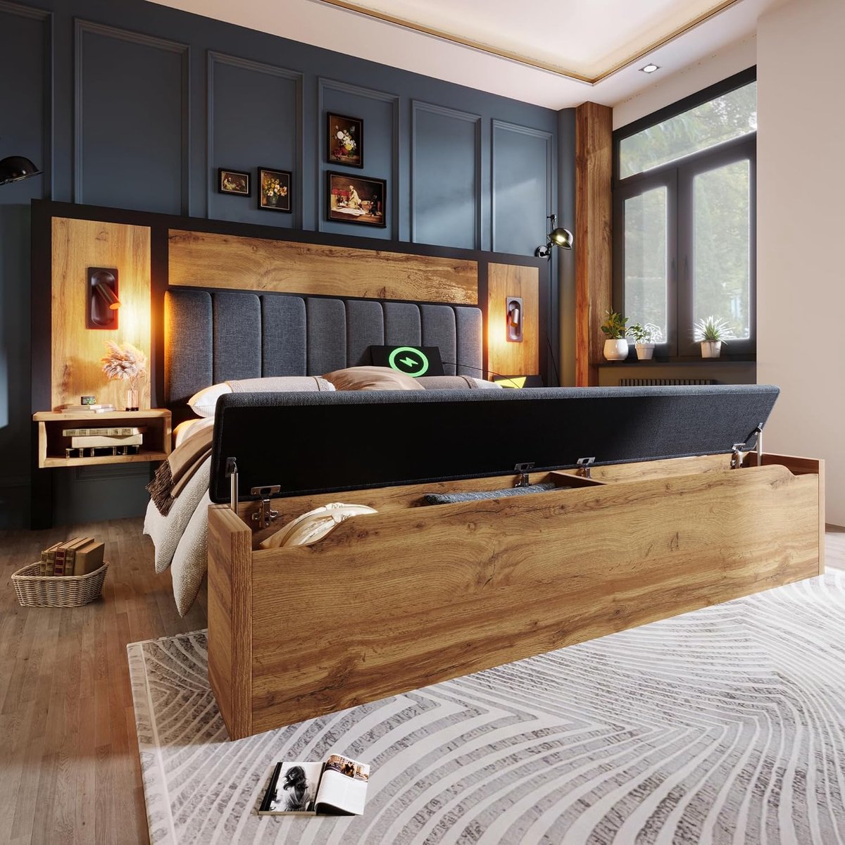 Polsterbett Doppelbett 180×200 cm mit Leselampe, USB-C Nachttisch & Stauraumbank – Modernes Leinen-Holz Design, Stabiler Metallrahmen, Komfortables Schlafzimmermöbel – Abkantoor