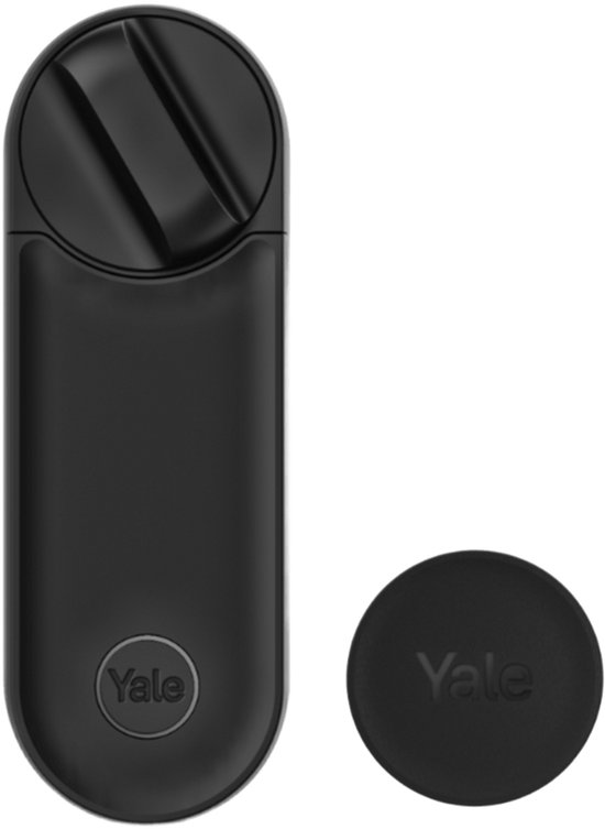Zwart Yale deurslot met ronde Yale tag.