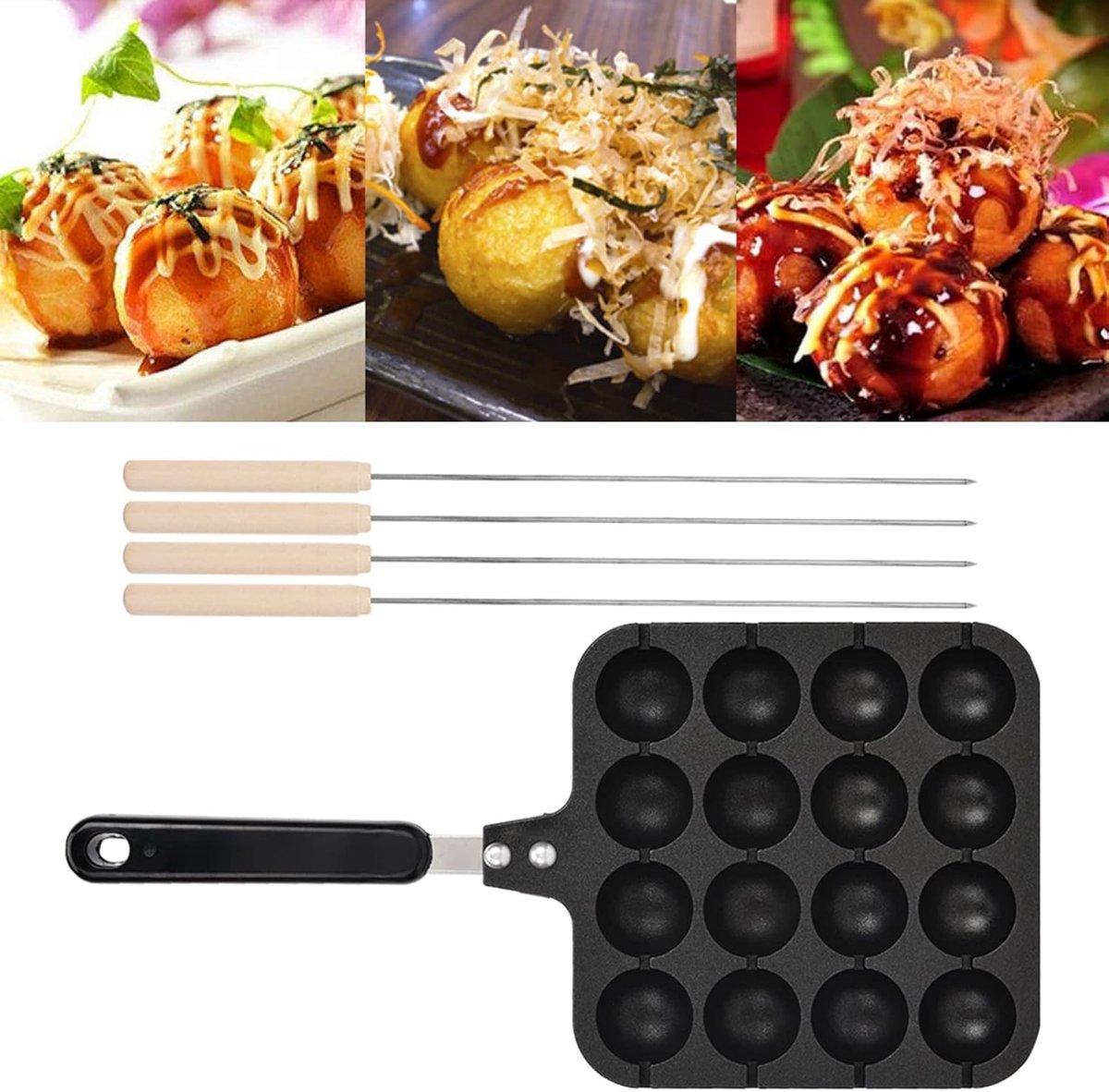 Takoyaki Pan met 16 Gaten - Poffertjespan Non-stick voor Octopusballetjes + 4 Baknaalden
