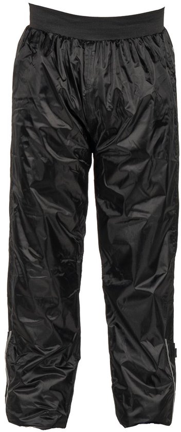 Pantalon de pluie moto noir, brillant, avec ceinture élastique.