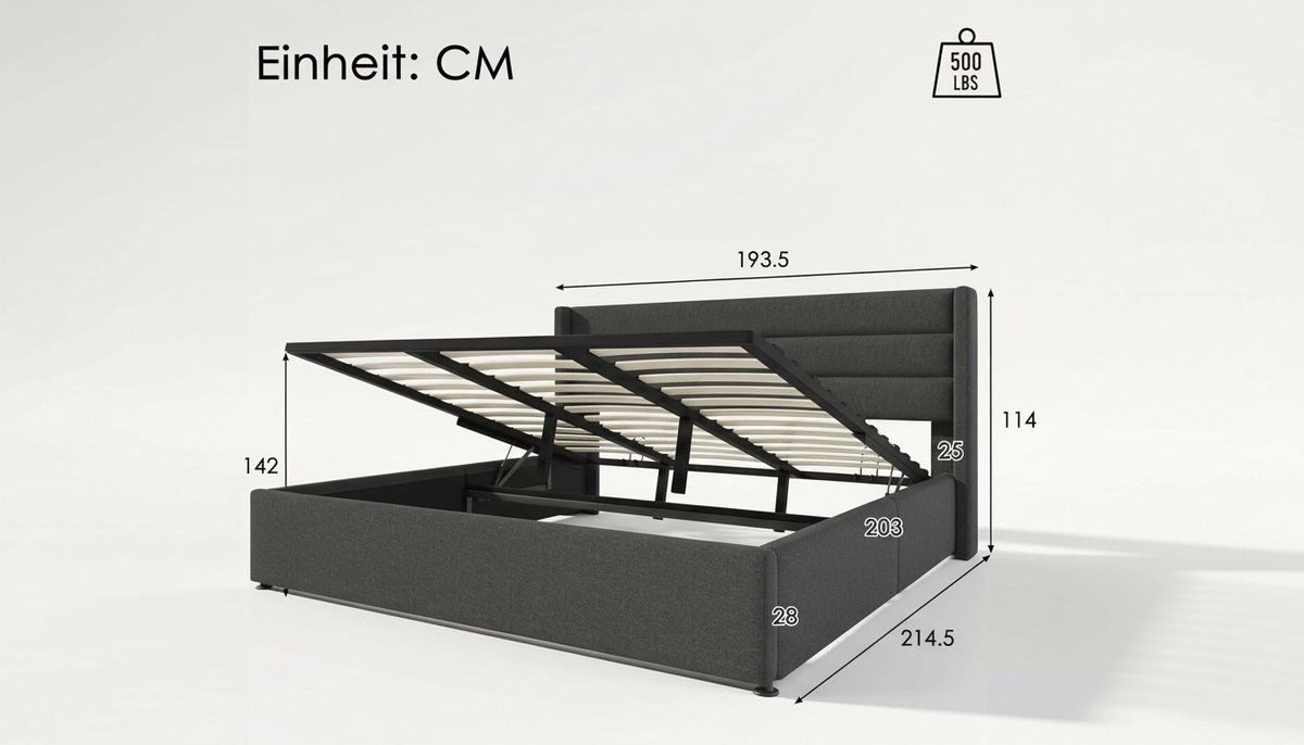Gestoffeerd Tweepersoonsbed 180x200 cm met Opbergruimte | Casa Velluto Hydraulisch Opbergbed Linnen Slaapkamerbed met Houten Lattenbodem | Modern Design Grijs – Tweepersoons Bed met Comfortabel Hoofdeinde