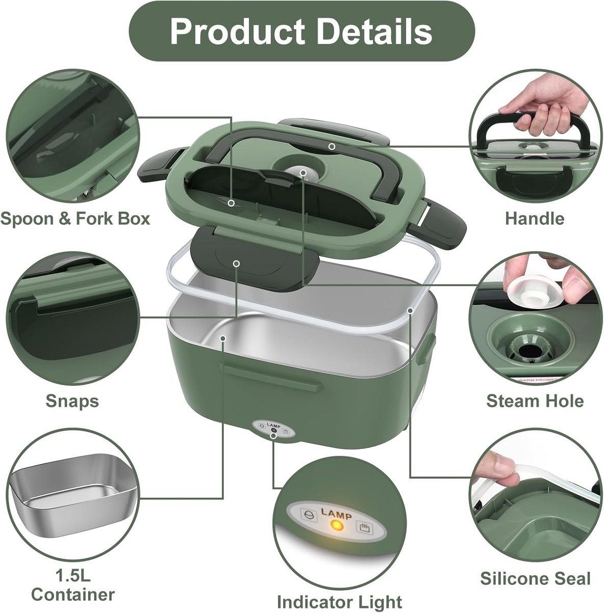 Elektrische Lunchbox - 100 W - 3-In-1 Draagbare Verwarmde Lunchbox - Uitneembare Roestvrijstalen Broodtrommel - 12 V/24 V/220 V - Geïsoleerde Warmtebox voor Auto - Vrachtwagen, Kantoor - met Geïsoleerde Tas — cadeau in Kookcadeaus - foto 8