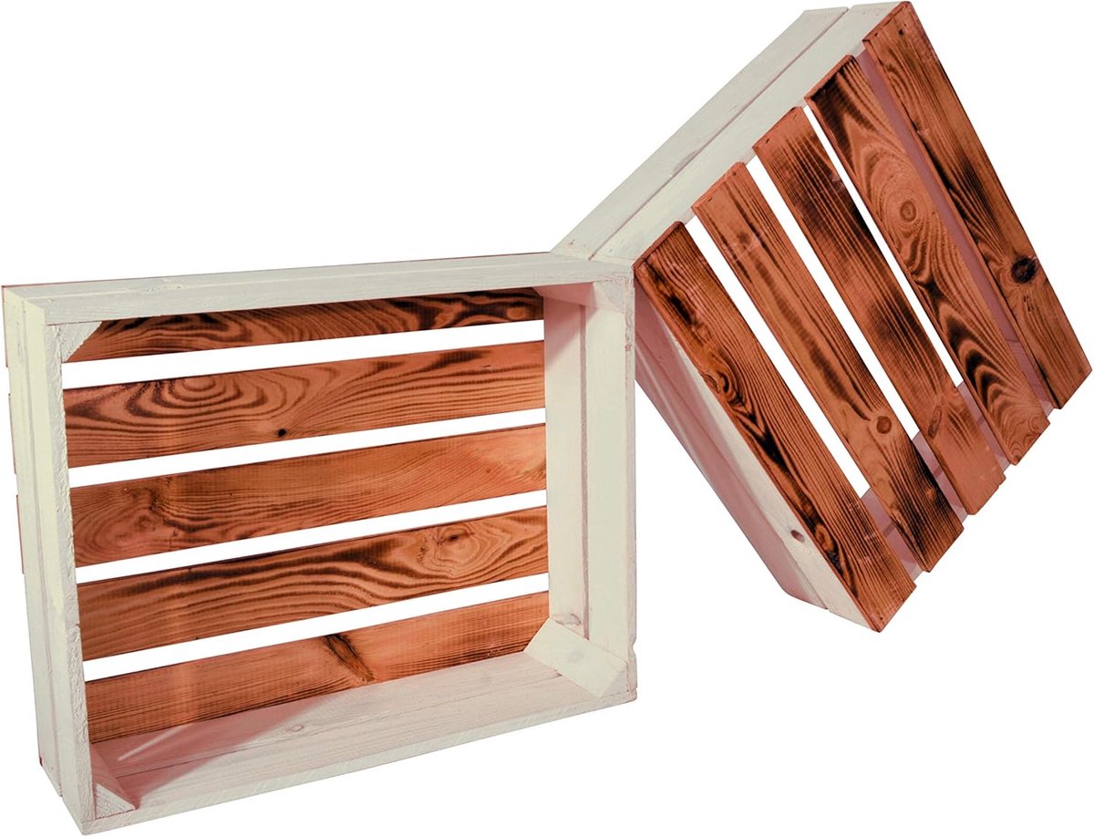Set van 2 Houten Kisten Gevlamd en Wit - Decoratief & Opbergkist (50x40x15 cm)