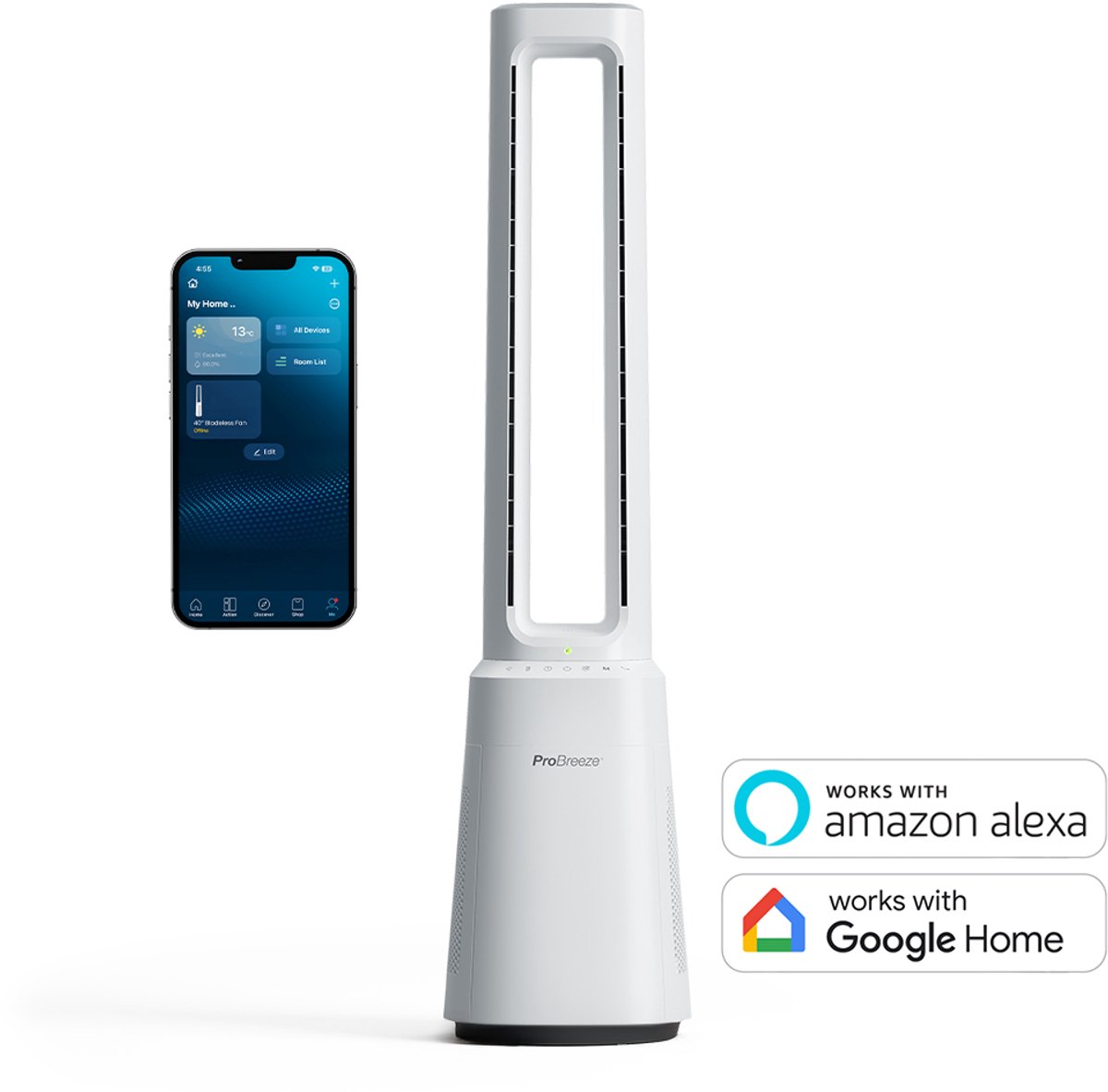 Pro Breeze OmniAir 41" premium bladloze torenventilator en luchtreiniger met slimme app-bediening - wit