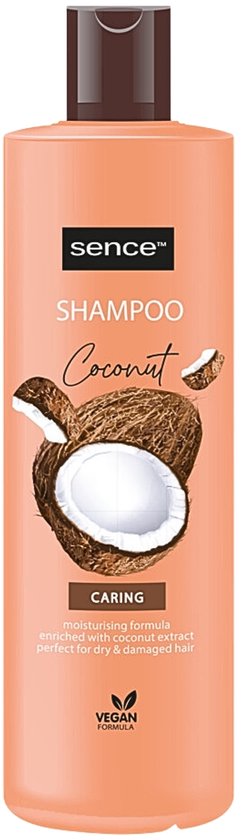 Peach-kleurige fles Sence Coconut Shampoo 400 ml met bruine dop. Coconut tekst met afbeelding van kokosnoten.
