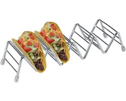 Taco Houder - met 4 vakken - Taco tang - Tortilla tray houder - Tacohouders - Tortilla Houder - Opbergrek - Keukengerei - voor hotdogs, sandwiches, brood, harde of zachte tacoschelpen en burrito's - 22.5*6.5*4.5 cm - zilver