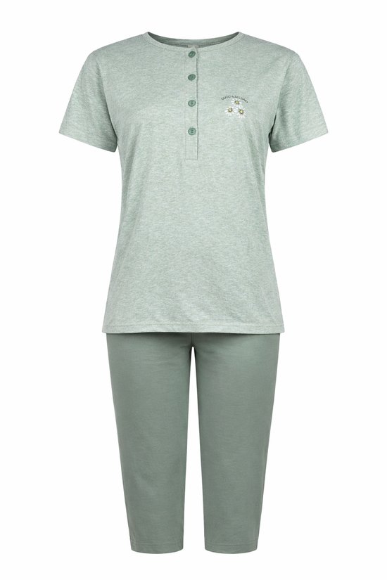 Dames Pyjama - Katoen - Zomer - 3/4 broek - Groen Gemêleerd - Maat XL