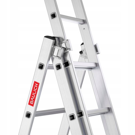 Detail van de scharnier en rode merknaam 'BAULICH' op een aluminium ladder.