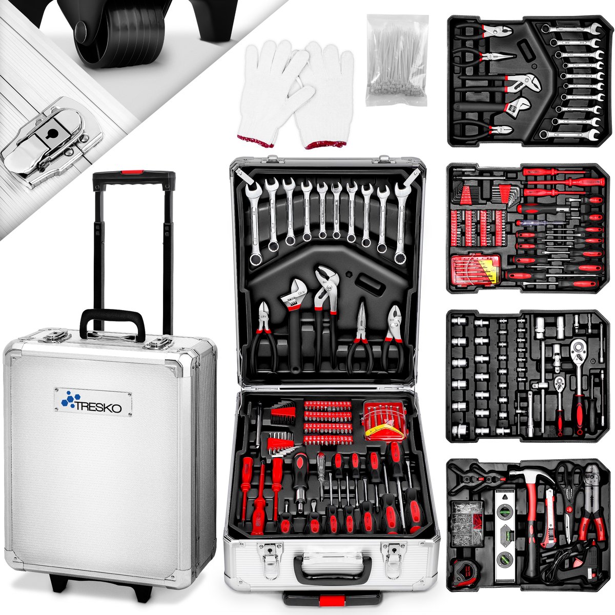 TRESKO® Gereedschapskoffer 949-delig | gereedschapskast | gereedschapskist | gereedschapstas | gereedschapsset | gereedschaptrolley | chroom-vanadium staal (Zilver)