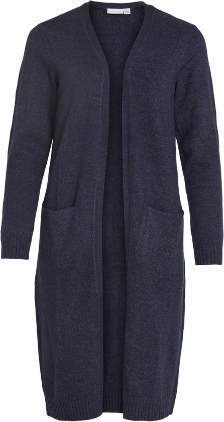 Donkerblauw gebreid vest met lange mouwen en open voorkant, met twee steekzakken.