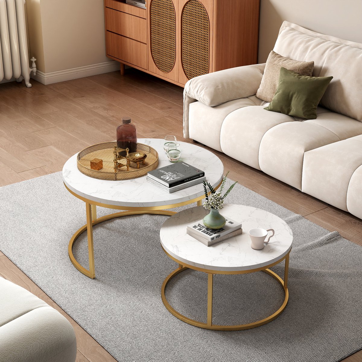 FloraGrace Set Van 2 Rond Salontafels - Stapelbaar - Verstelbare Voeten - MDF Tafelblad - Metaal Frame - 70×70×45 & 45×45×37 Cm - Goud