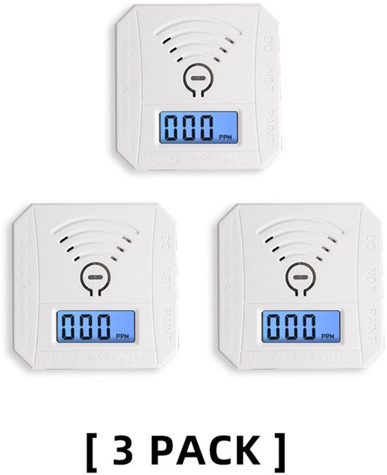 Drie witte koolmonoxidemelders met blauw LCD-display waarop '000 PPM' wordt weergegeven.