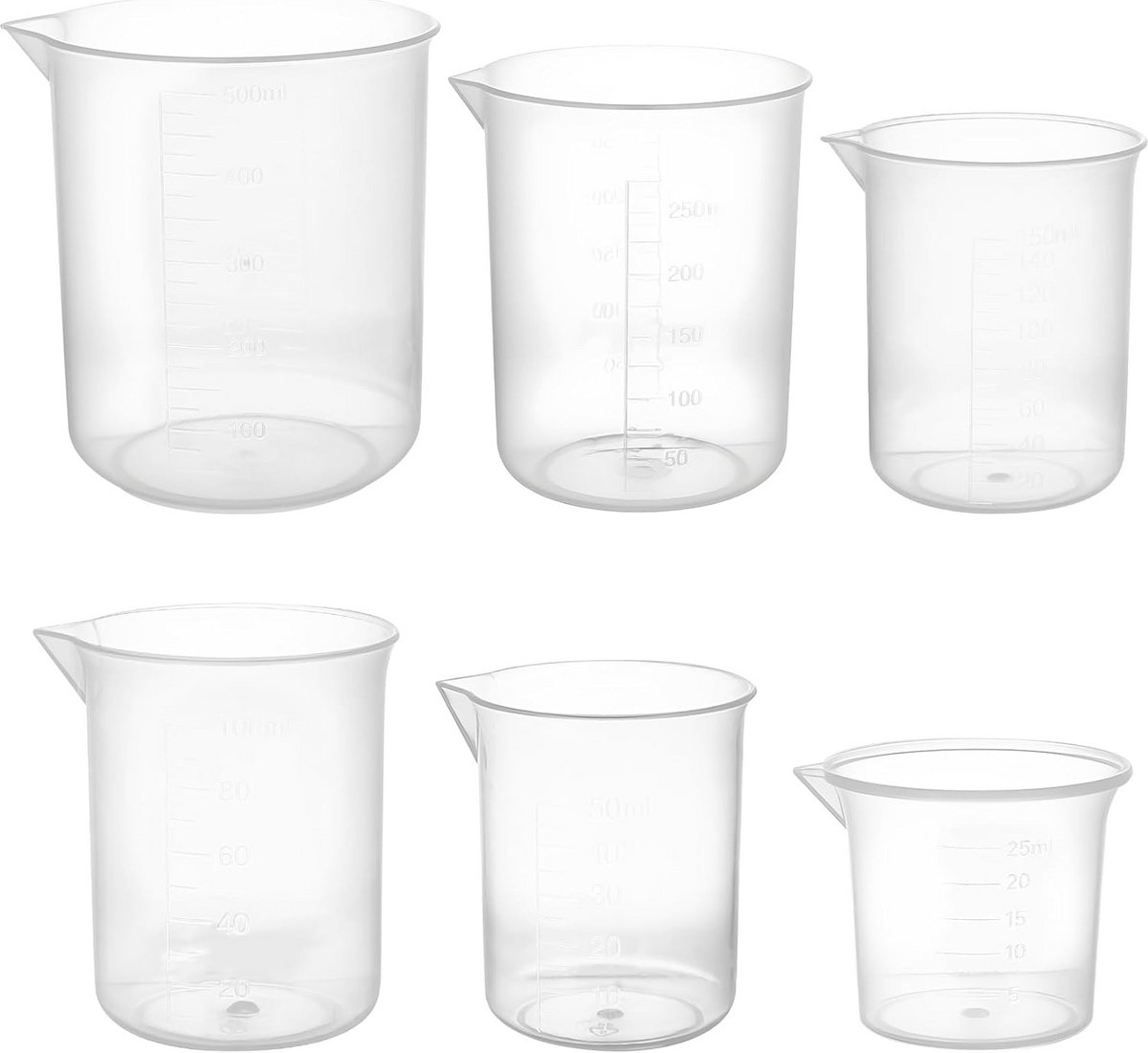 Maatbekerset 6 stuks transparant 25ml tot 500ml voor keuken en laboratorium