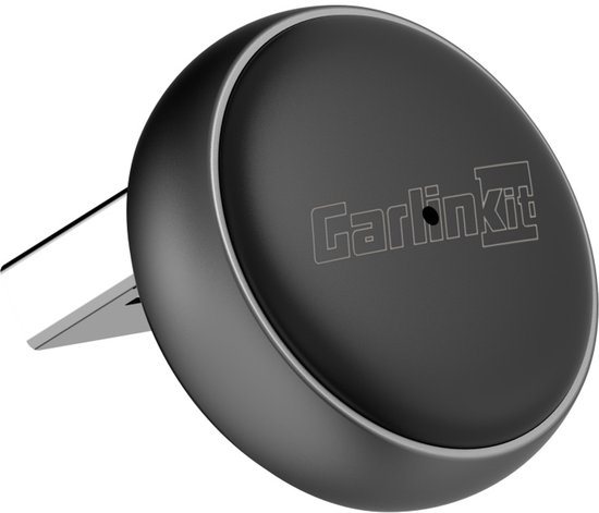 Zwarte, ronde draadloze CarPlay adapter met "Carlinkit" logo, metalen USB-connector en een clip.