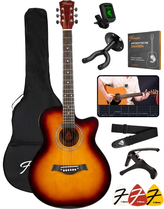 Finesse Guitare Acoustique - avec Cours Vidéo - 4/4 40" - Guitare Western - Guitare Enfant & Adultes - Sunburst