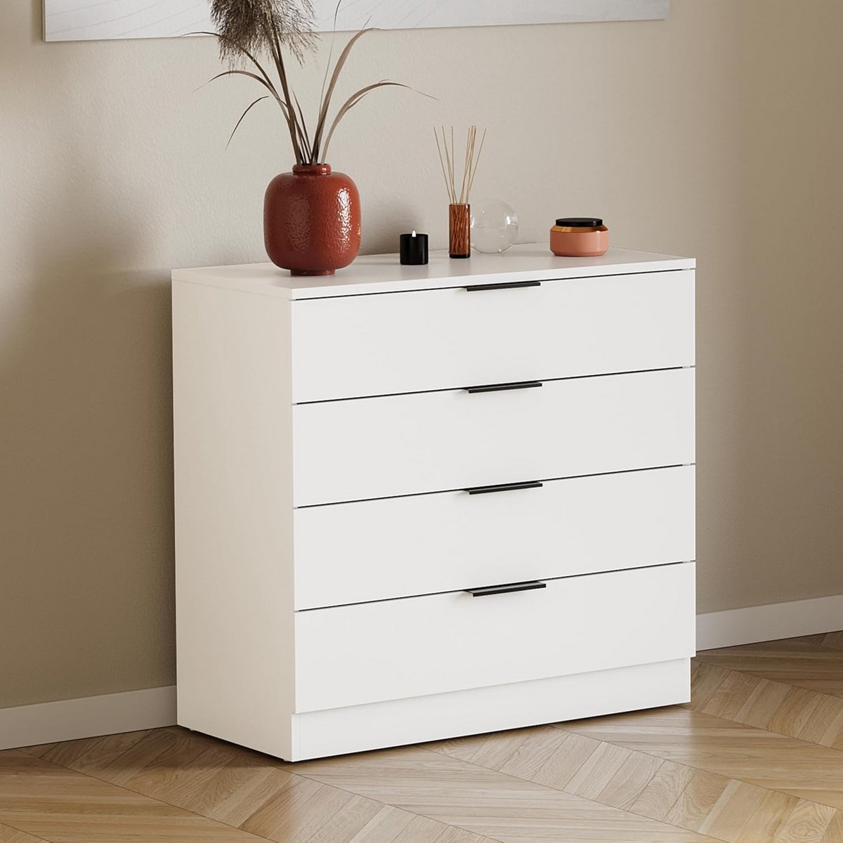 Ladekast met 4 Lades Wit Compact Moderne Opbergkast Slaapkamer