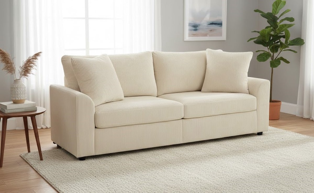 Luxe 3-Zitsbank Crèmewit – Gestoffeerde Corduroy Bank met Armleuningen, Sierkussens en Dikke Bekleding – Comfortabele Loungesofa voor Woonkamer & Slaapkamer – Tot 450 kg Belastbaar – 212 x 80 x 88 cm House&Garden