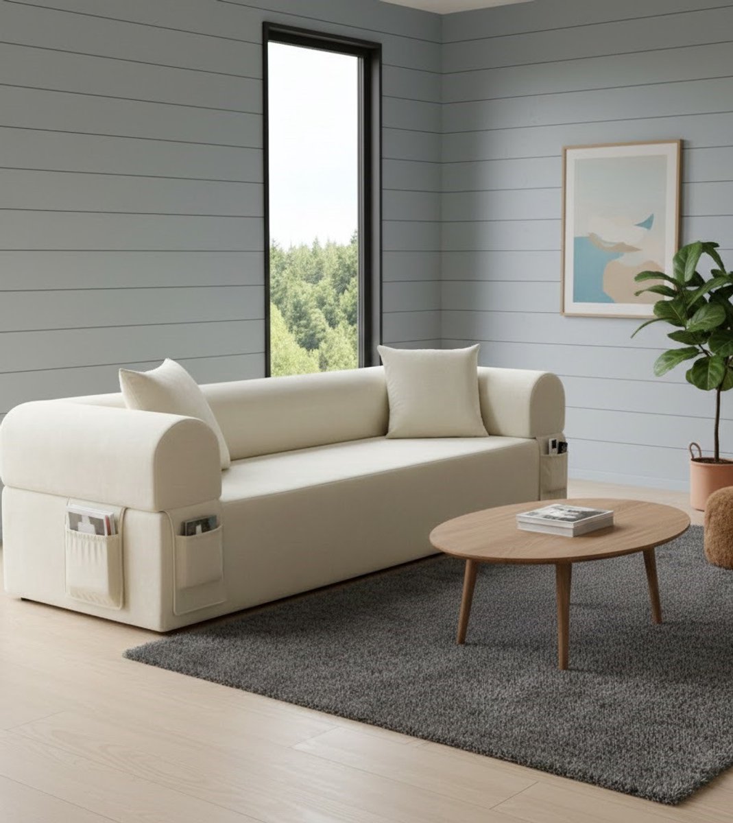 Moderne 3-zits Bank 200 cm – Frameloze Corduroy Woonkamerbank met 2 Kussens en 2 Poefs – Uitklapbare Slaapbank voor Woonkamer of Slaapkamer – Beige – Comfortabel, Duurzaam en Gemakkelijk te Monteren House&Garden