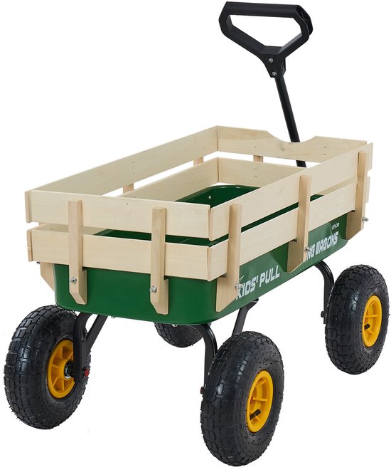 VEVOR Kinderhandkar, 102 CM, Transportkar met Duwstang, Gemaakt van Hout en Metaal, Max. 150 KG Draagvermogen, Ideaal voor Kinderen Vanaf 5 Jaar, voor In De Tuin, Uitstapjes en op Het Strand, Groen en Geel van Vevor — afbeelding 2