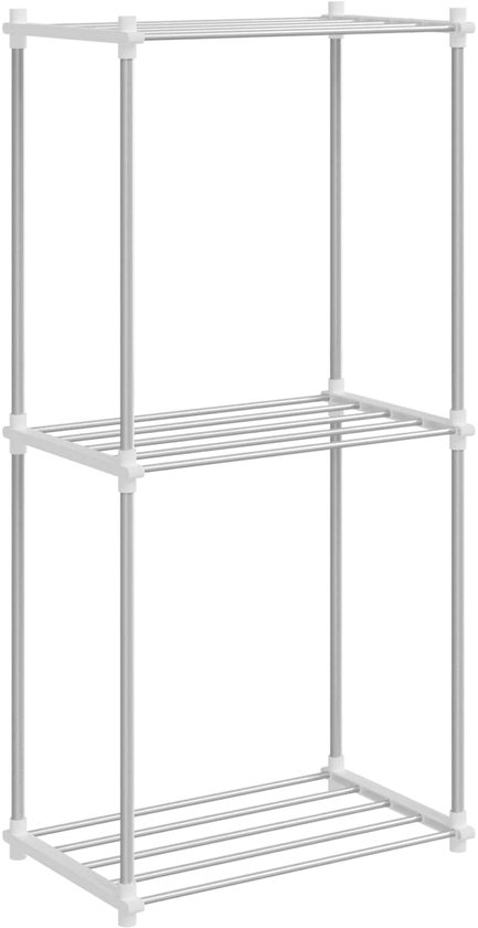 Étagère blanche à deux niveaux avec des étagères métalliques argentées, dotée de trois niveaux de rangement.