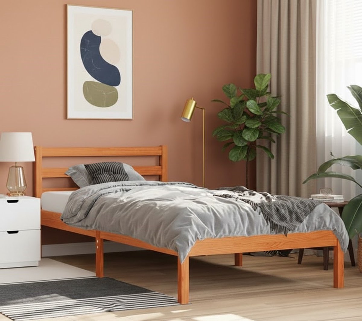 Massief Houten Bed 90x190 cm – Kiefernhout Wachsbruin – Stevig en Duurzaam Kinder- of Eenpersoonsbed met Lattenbodem – Modern Design Slaapkamer Meubel House & Garden