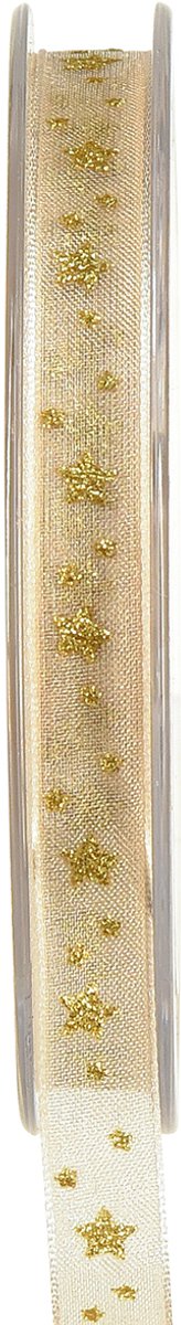 Organzalint Kerstlint sterren beige goud B10mm L20m