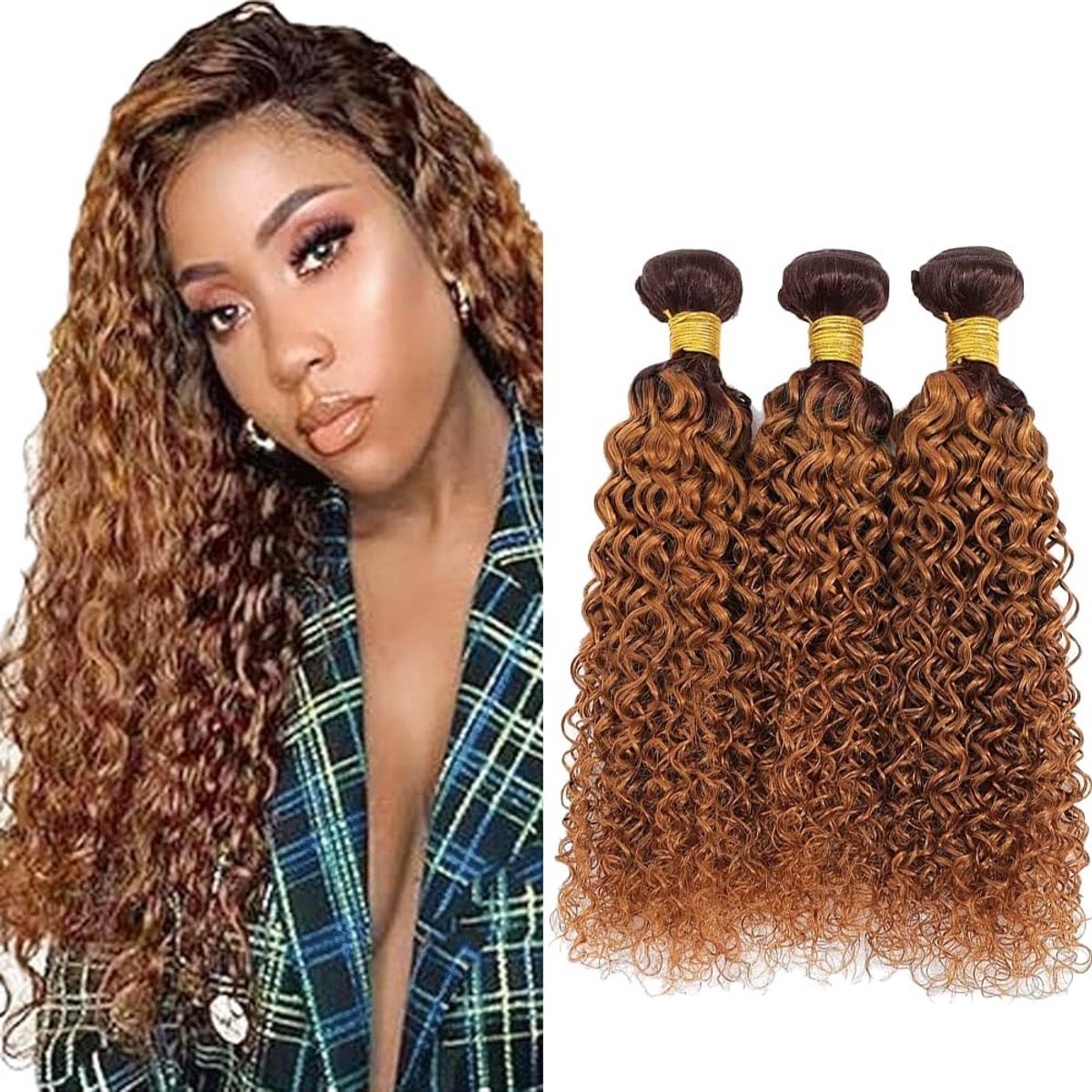 Ombre Bruin Kinky Curly Menselijk Haar Bundels - 3 Delen Set
