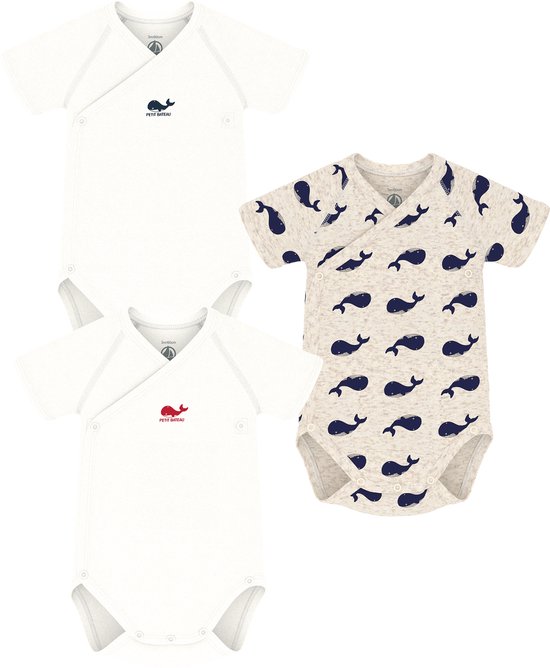 Petit Bateau Set van 3 katoenen rompertjes met print en korte mouwen voor baby's Unisex Rompertje - Wit/Blauw + Beige/Blauw + Wit/Rood