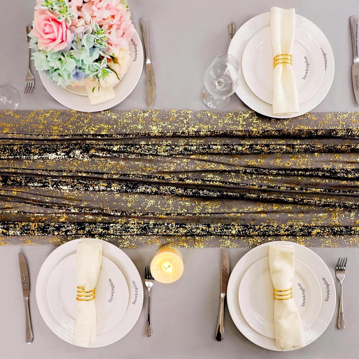 Lange Tafelloper Zwart Goud Metallic met Glittereffect 70x300 cm