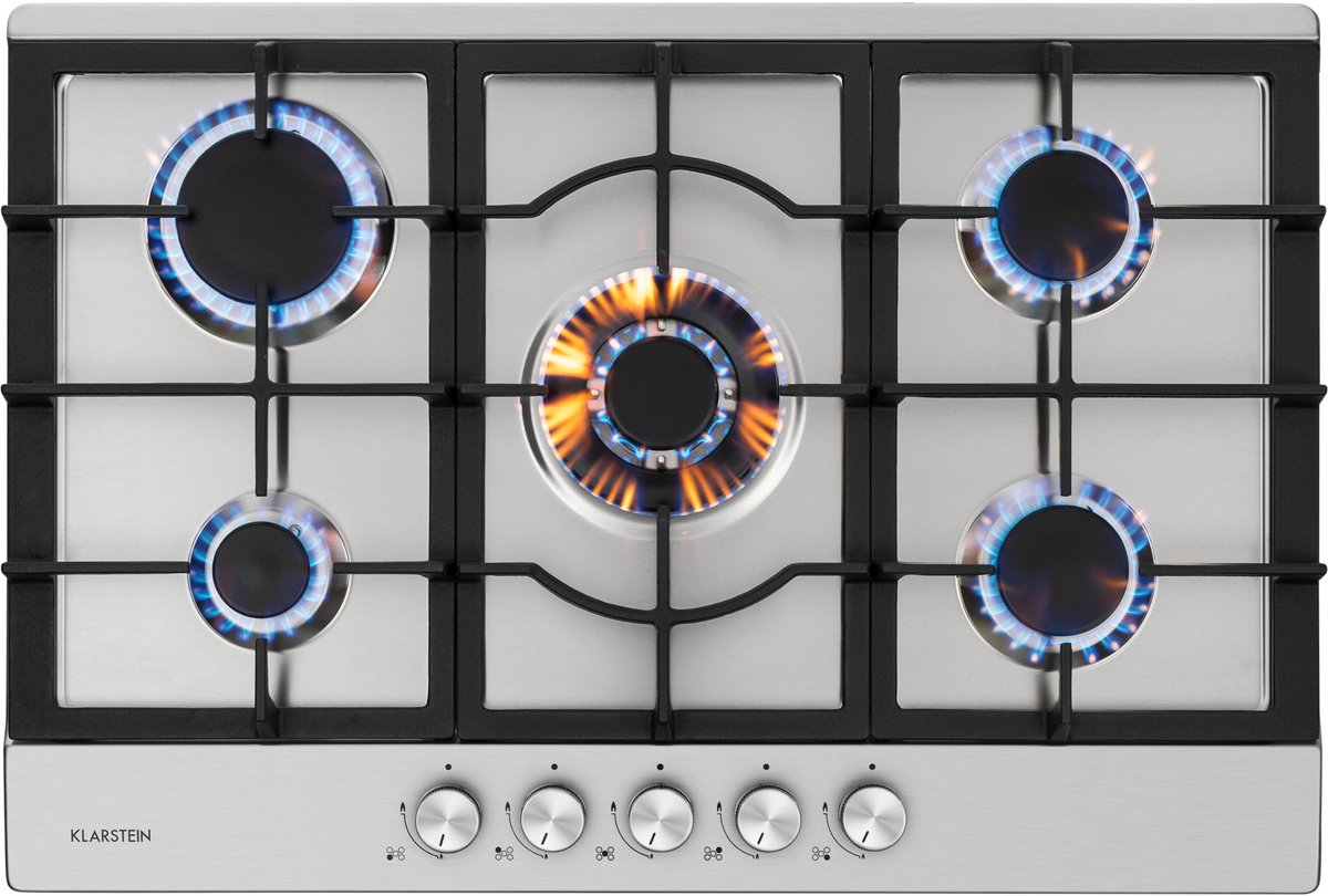 Klarstein Ignito 5-Zone Gaskookplaat - Sabaf-Branders - Onderhoudsvriendelijk - Efficiënt Koken - Gelijke Hittedistributie - Elektrische Ontsteking - Elegant Design - Intuïtieve Draaiknoppen - Glaskeramisch Oppervlak - Praktisch - Zilver