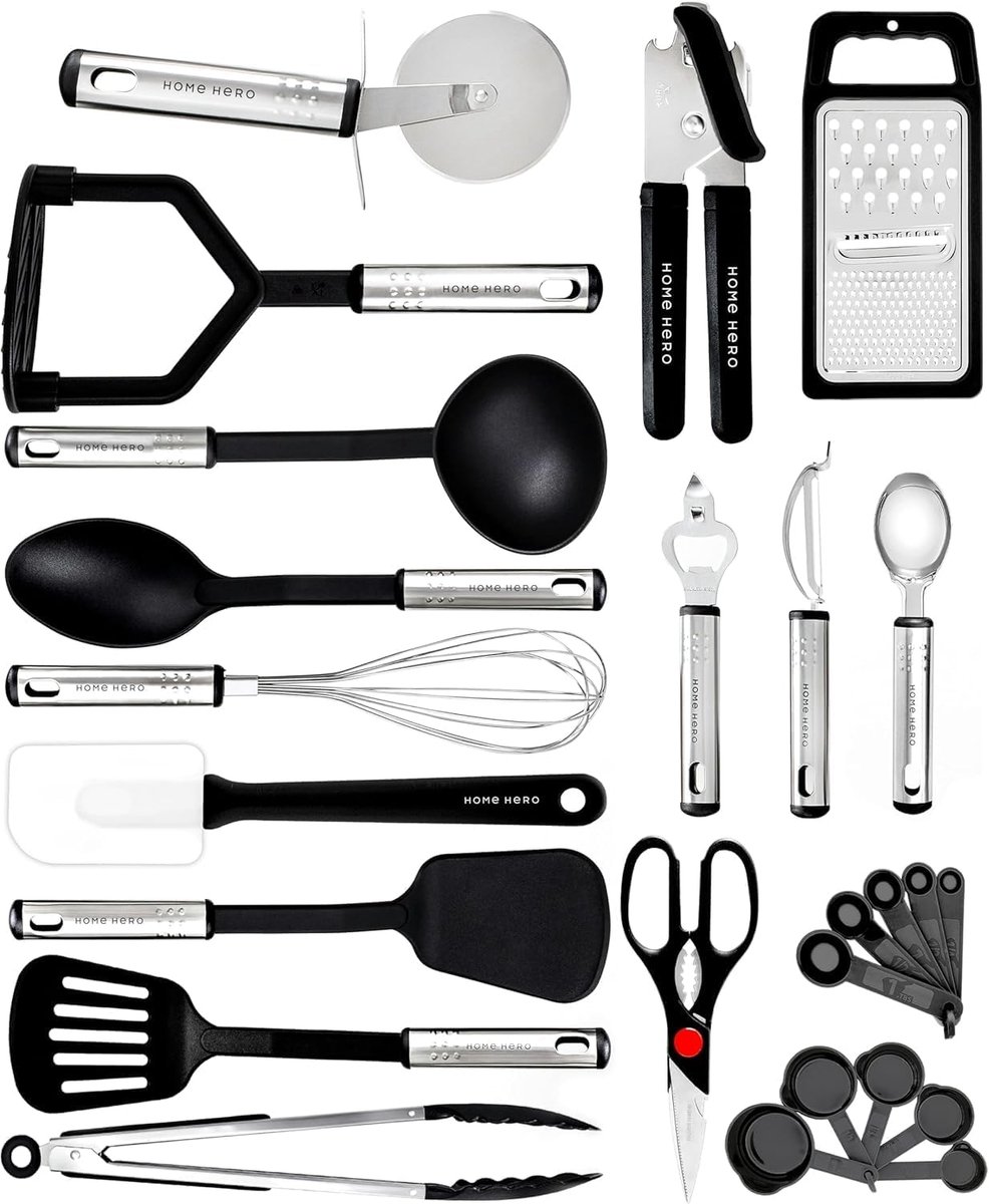 Keukengerei set - Keukengerei met antiaanbaklaag - Roestvrij staal en siliconen Kookgerei - Keukengereedschap Gadgets Accessoires Lepels Draaispanen Spatels Lepel set (25 stuks roestvrij staal)