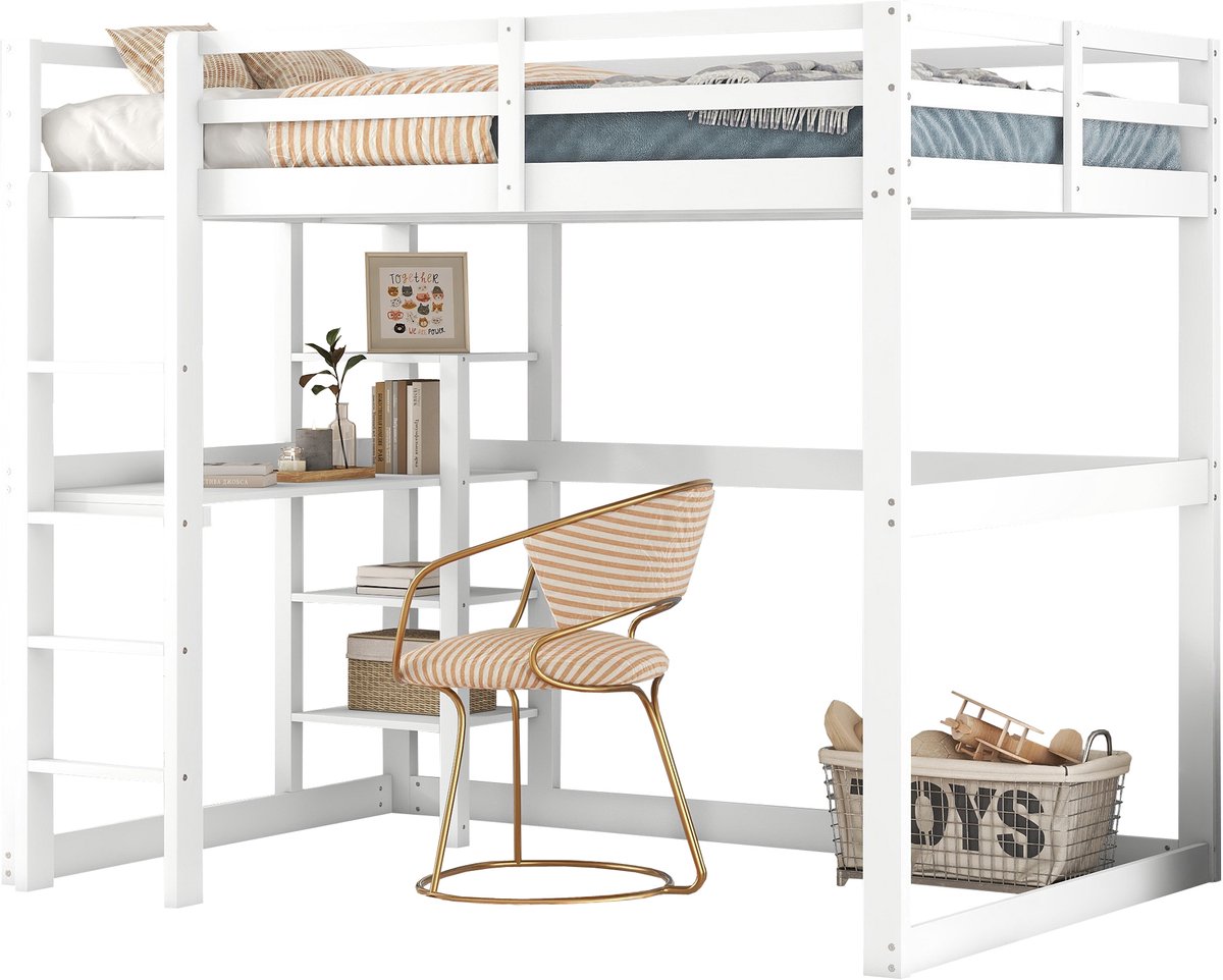REDOM Hoogslaper 140x200 cm – Hoogslaper met Bureau en 4 Open Opbergvakken – Grenenhout – Antique White Antiek wit