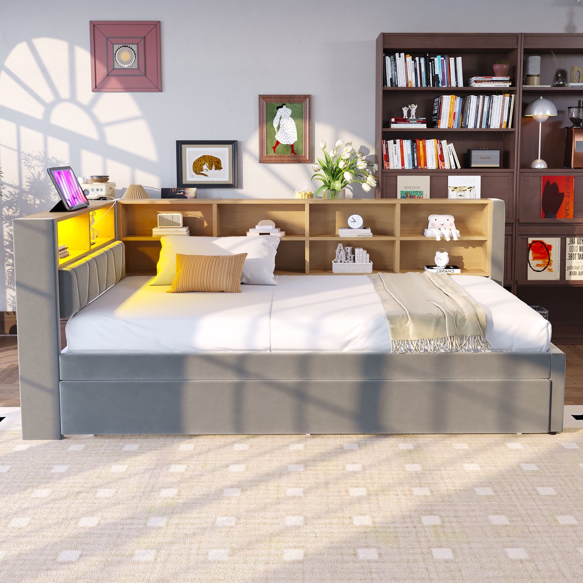 Clruro Slaapbank 90x200 - Met Uitschuifbed 90x190 En LED - Met Stopcontact En Opbergruimte - Flanel - Donkergrijs