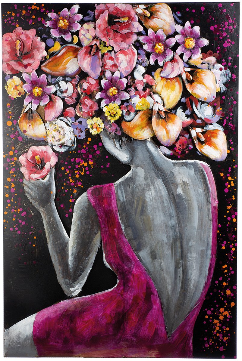schilderij metaal vrouw met bloemen - 80x120 cm - multi color - Paars en grijs metalen wanddecoratie