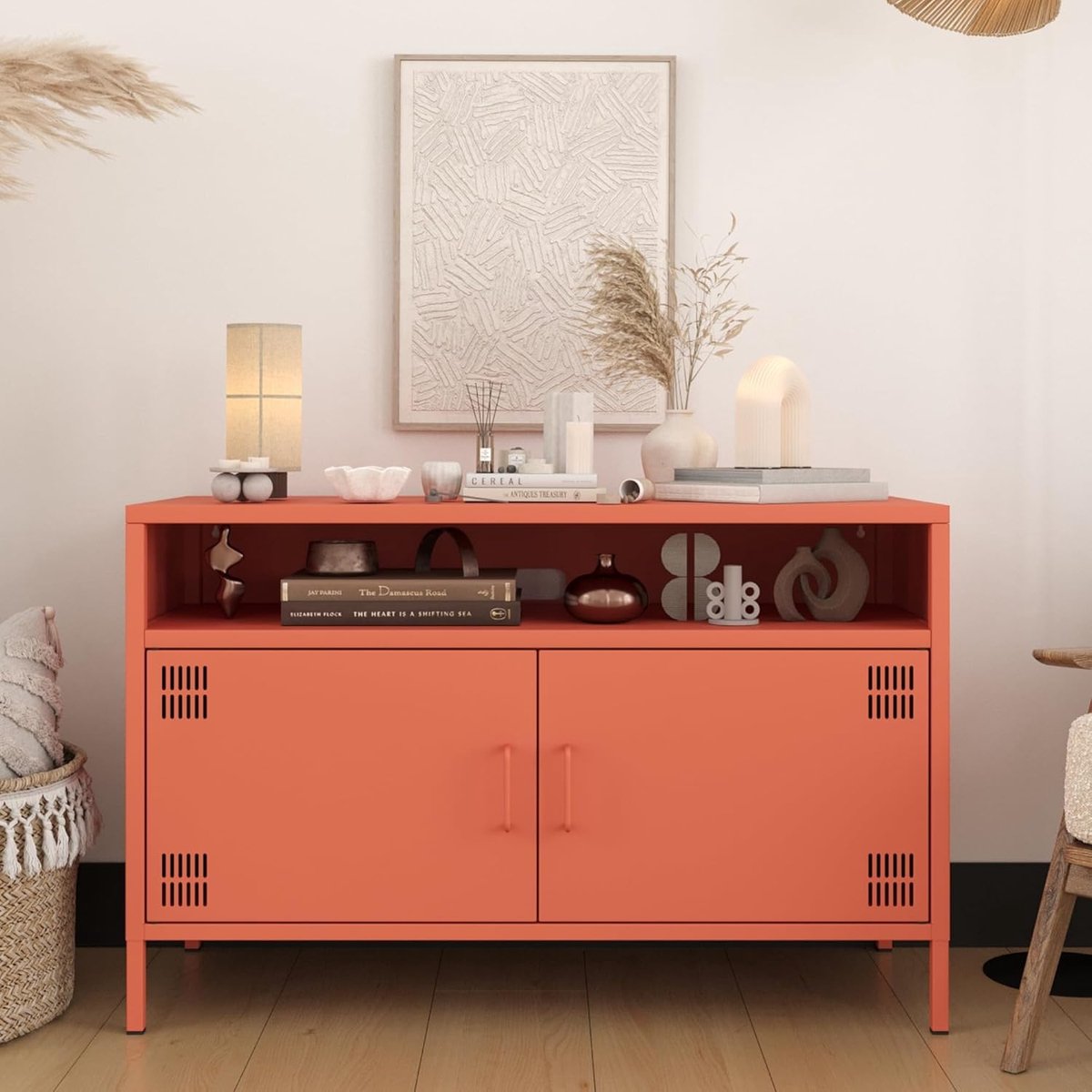 TV-meubel met deuren van metaal – Urbanhome Retro Steel Lowboard 100 cm – Zalmkleurig – Met verstelbare planken – Industriële tv-kast voor woonkamer