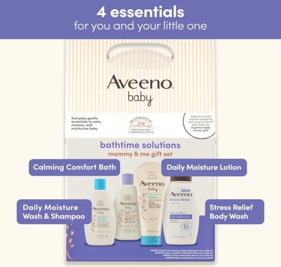 Aveeno Baby Bathtime Gift Set Mommy & Me - 4-delige Babyverzorging & Stress Relief voor Mama - Baby Wash, Shampoo, Dagelijkse Lotion & Calmerend Bad, Colloïdale Havermout van Aveeno — afbeelding 2