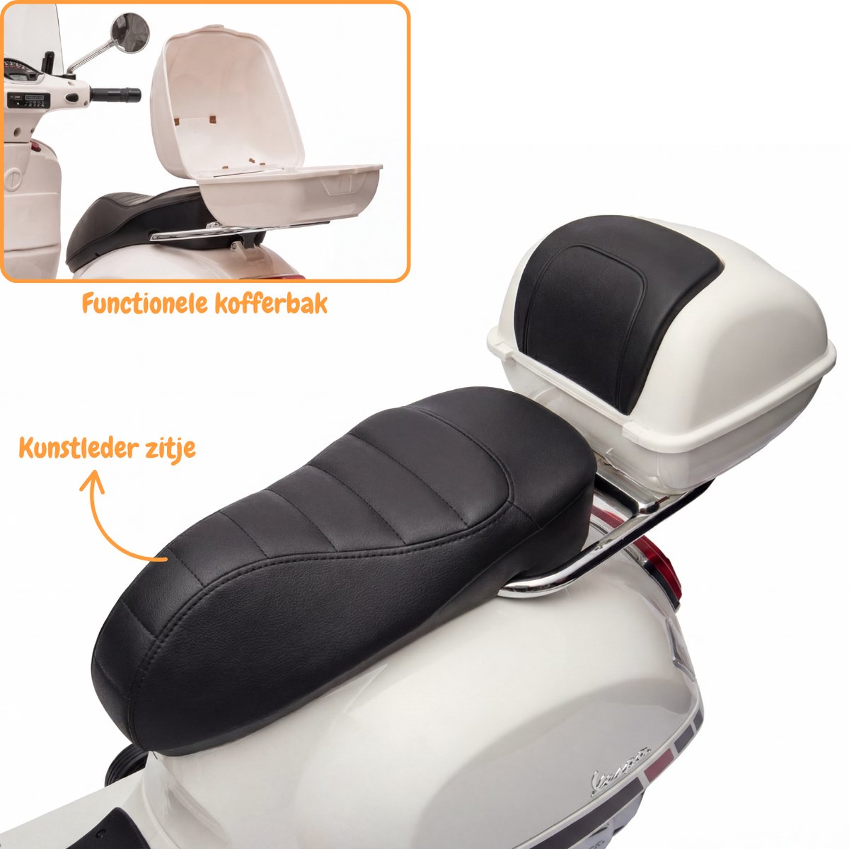 Vespa GT Full Option Elektrische Kinderscooter 3 tot 6 jaar – Officieel Gelicentieerde Kinder Vespa met Kofferbak & Verwijderbare Zijwieltjes – Li-ion Kindermotor met Kunstlederen Zitje, MP3 AUX & USB – Wit — afbeelding 9