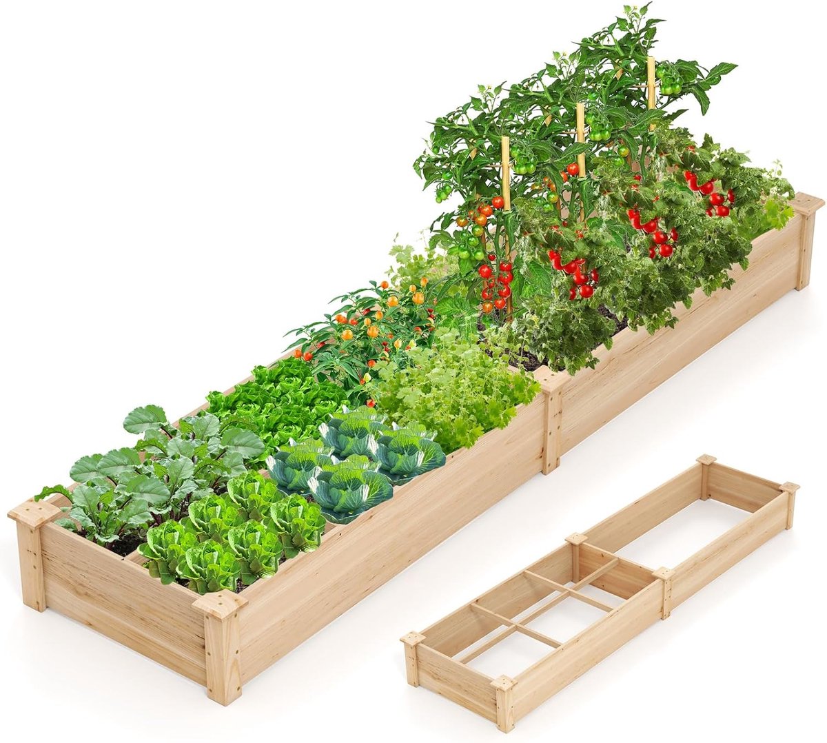 KOMFOTTEU Verhoogd bloembed van dennenhout, tuinbed met 2 plantenbakken en scheidingswanden, bloembak met open bodem, plantenbak, plantenbak voor bloemen, groenten en fruit (228 x 62 x 25 cm)
