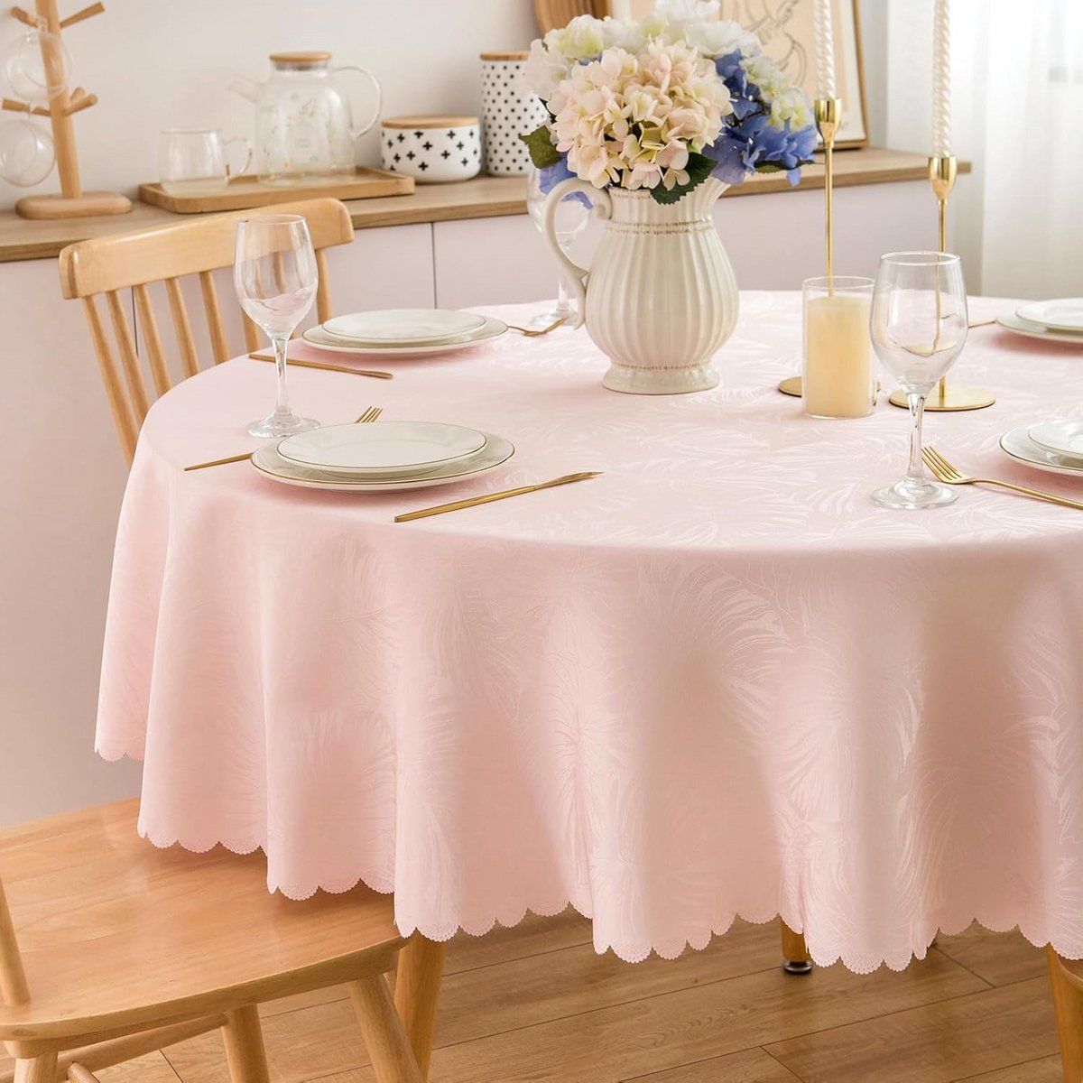 Rond Tafelkleed Jacquard 127 cm met Bladeren Patroon - Waterdicht en Wasbaar