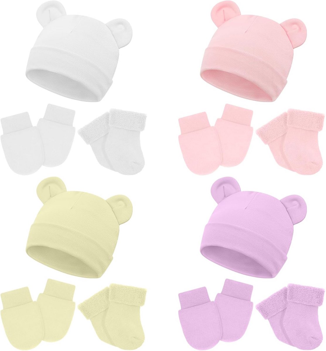 Set van 4 Paar Mutsjes, Krabwantjes en Warme Sokjes voor Premature Baby's