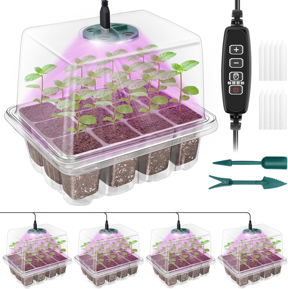 Famanu – Kamerkas - kweekbak - mini-broeikas - kweekset met verhoogd deksel - zaailingstarter met plantenverlichting met volledige 4 stuks (transparant)